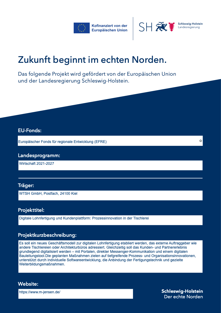 Förderhinweis zur digitalen Lohnfertigung und Kundenplattform, kofinanziert von der Europäischen Union und der Landesregierung Schleswig-Holstein